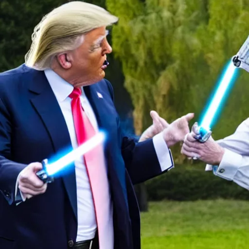 Prompt: trump and Biden having an epic lightsaber fight on the white House lawn. Cinematic, sparks flying, grimaces