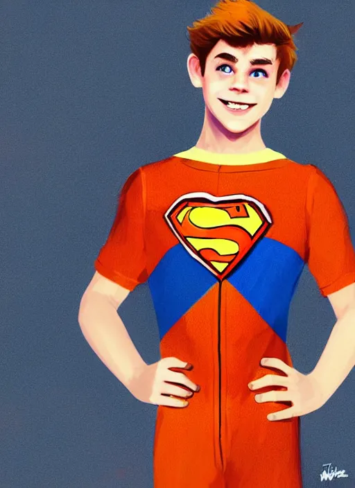 Image similar to friendly teenage archie andrews wearing an orange superhero costume with heart logo, heart, freckles, blue cape, heart emblem on chest, blue cape, intricate, elegant, glowing lights, highly detailed, digital painting, artstation, sharp focus, illustration, art by wlop, mars ravelo and greg rutkowski