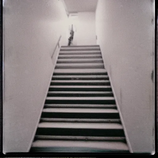 Image similar to a manaquien at the top of a dark stairwell, shadowy, abandoned, old polaroid, blurry photo, expired film,