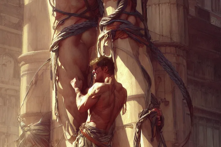 Image similar to a man tied to a column, highly detailed, digital painting, artstation, concept art, smooth, sharp focus, illustration, cinematic lighting, art by artgerm and greg rutkowski and alphonse mucha