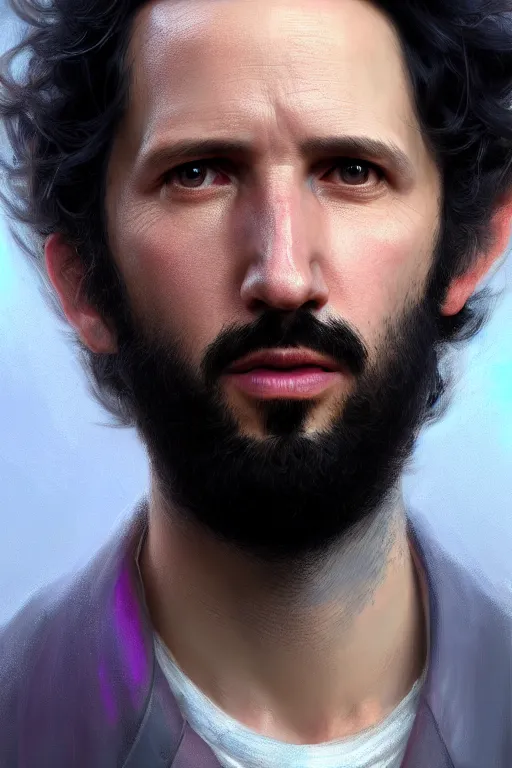 Image similar to ultra detailed close up facial portrait of bret mckenzie, extremely detailed digital painting, in the style of fenghua zhong and ruan jia and jeremy lipking and peter mohrbacher, mystical colors, rim light, beautiful lighting, 8 k, stunning scene, raytracing, octane, trending on artstation