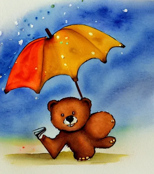 Image similar to autumn a bear with an umbrella cartoon watercolor by arti chauhan trending on artstation