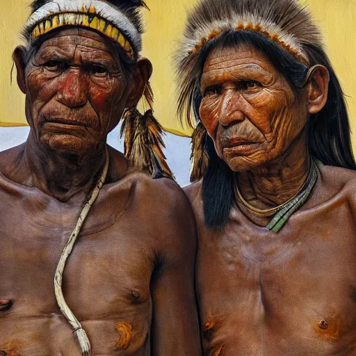 Image similar to high quality high detail painting by lucian freud, hd, portrait of a indigenous tribe couple, photorealistic lighting