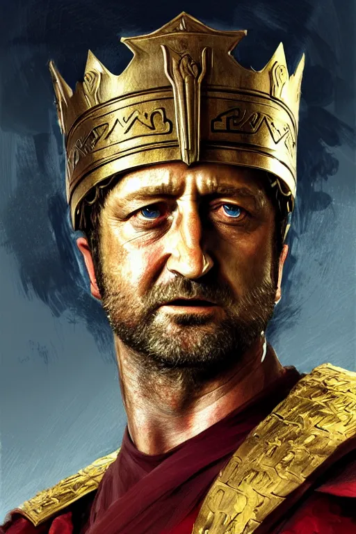 Image similar to portrait gerard butler as a greek king with a watermelon helmet, greek, intricate, headshot, key visual, conceptart, ambient lighting, highly detailed, digital painting, artstation, concept art, sharp focus, by makoto shinkai and akihiko yoshida and greg manchess