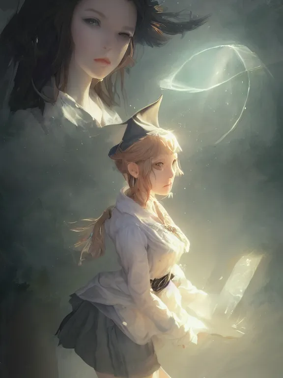 Image similar to A mischievous young witch about to get up to some trouble. Elegant. Smooth. By Ruan Jia and Artgerm and Range Murata and WLOP and CLAMP. Key Art. Fantasy Illustration. award winning, Artstation, intricate details, realistic, Hyperdetailed, 8k resolution.