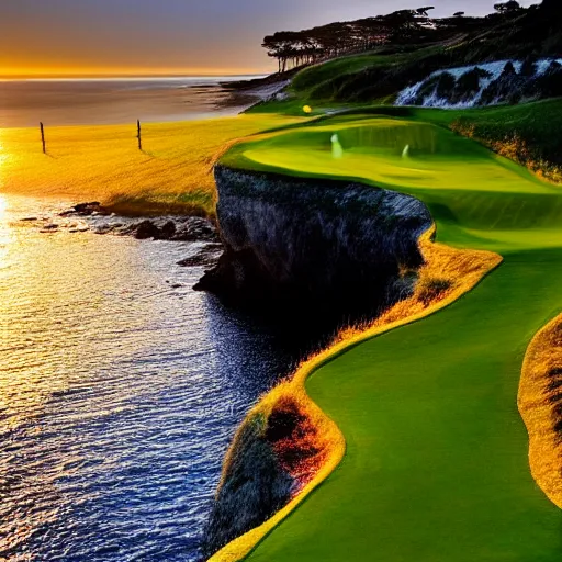 Prompt: a great photograph of the most amazing golf hole in the world, cliffs by the sea, perfect green fairway, human perspective, ambient light, 5 0 mm, golden hour