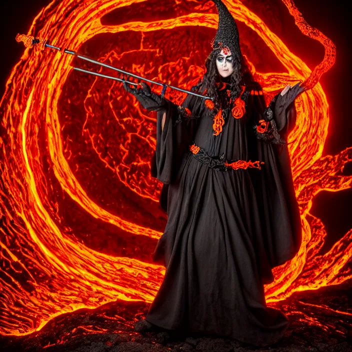Prompt: professional photograph of a real-life beautiful elemental lava witch with ornate orange and black robes and staff. Extremely detailed. 8k