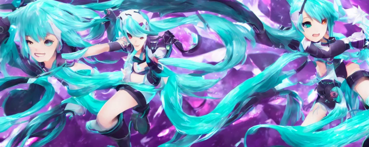 Image similar to Hatsune Miku splash art as a League of Legends character, Riot Games, digital art