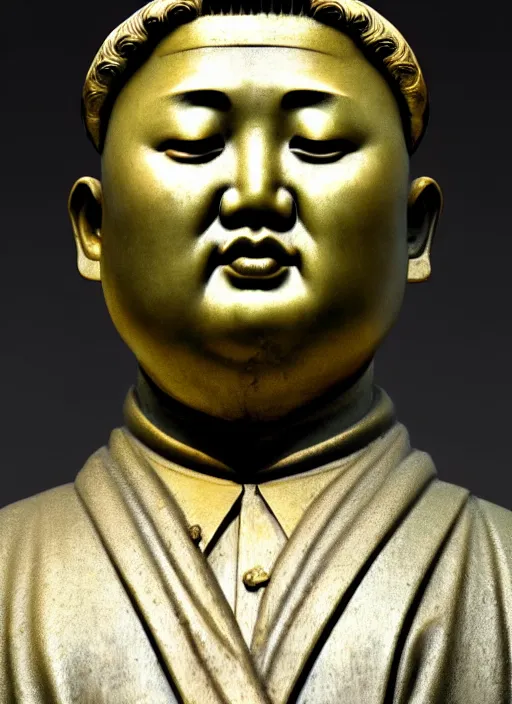 Image similar to medieval statue of kim jong un, elegant, filigree renaissance sculpture from jade, gold and brilliants, brilliant symmetry, created by verrocchio andrea, leonardo da vinci, sandro botticelli, raffaelle monti, epic 7 0 mm lens shot, artstation trending, photorealism, sharp focus, smooth, establishing shot, sense of awe