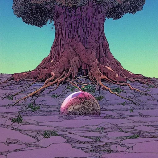 Prompt: a large tree rooted in a crystal planet floating in space, by moebius, the little prince
