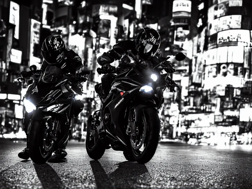 Image similar to a Photorealistic hyperdetailed hyper realistic dramatic moody Low angle night time close up photograph of biker speeding on a GSX R1000 in the middle of busy shibuya crossing Tokyo,multiple light trails by photographer Lindsay Adler,Beautiful dramatic very dark moody tones and lighting,cinematic atmosphere,photorealism,8K