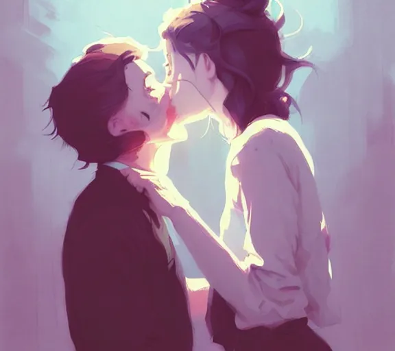 Image similar to portrait of harry kissing hermione by atey ghailan, by greg rutkowski, by greg tocchini, by james gilleard, by joe fenton, by kaethe butcher, dynamic lighting, gradient light blue, brown, blonde cream and white color scheme, grunge aesthetic