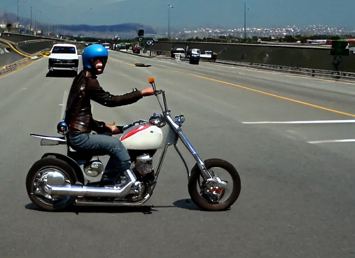 Prompt: chopper motorbike driving on the freeway. iso 1 0 0. low camera view. retro photo