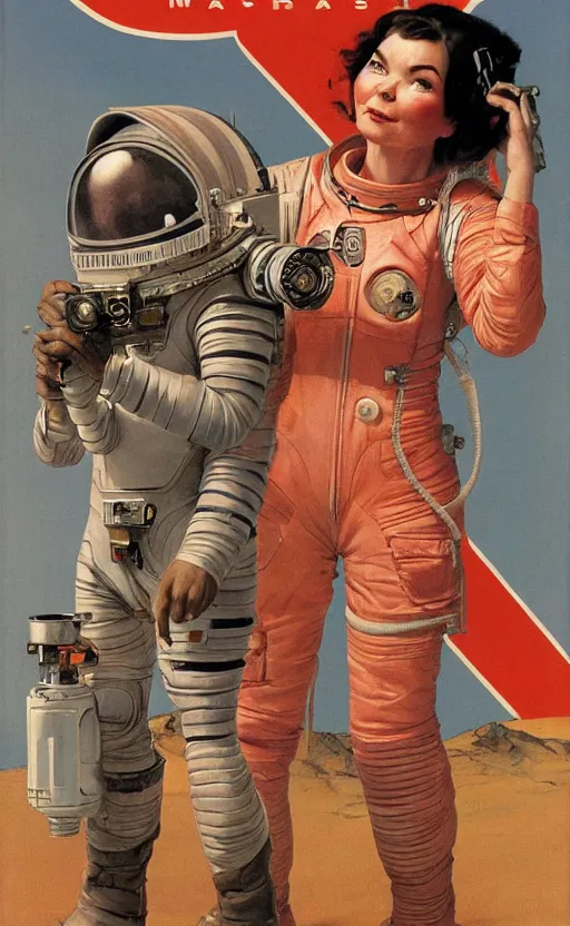 Prompt: bjork holding a retro ray gun and wearing a faded leather spacesuit on Mars by norman rockwell and darek zabrocki