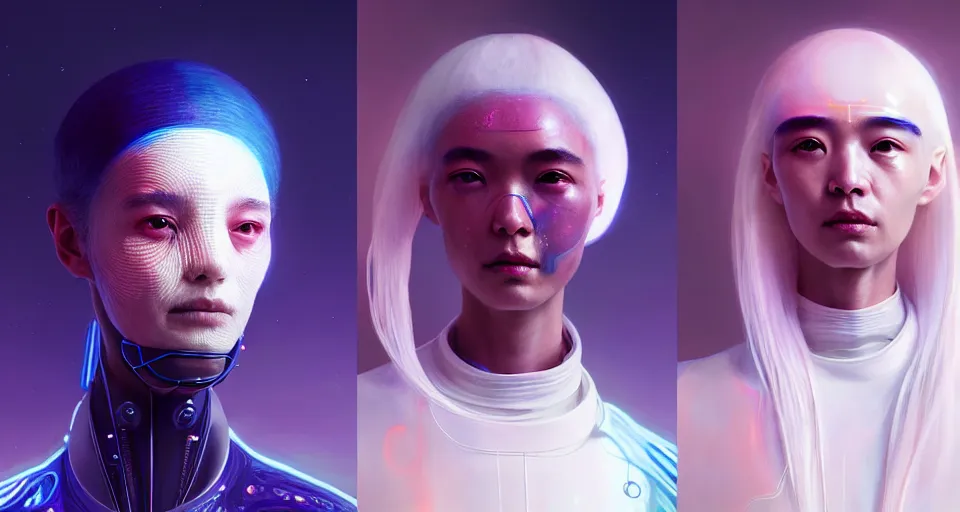 Image similar to portrait of yael shelbia and kang seul - gi, venus squid astronaut, symetrical facial, white hair, intricate design details. cyberpunk, touareg, by ruan jia and beeple. smooth gradients, deep space.