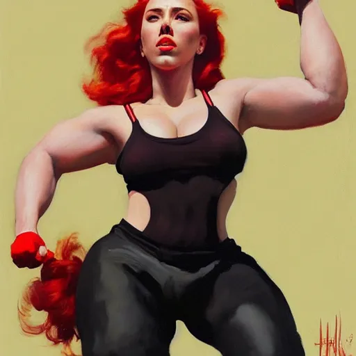 Image similar to greg manchess portrait of scarlett johansson as thick very muscular weightlifter with red hair and black lips, eyes closed, medium shot, asymmetrical, profile picture, organic painting, sunny day, matte painting, bold shapes, hard edges, street art, trending on artstation, by huang guangjian and gil elvgren and sachin teng