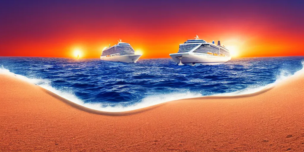 Prompt: a cruise ship sailing thru sahara desert while making big waves in sand, sunset background, detailed, digital photo, 2 - point perspective