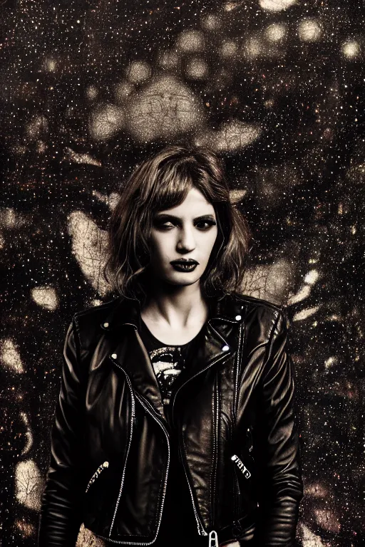 Image similar to dreamy rock girl, black leather jacket, detailed acrylic, grunge, intricate complexity, by dan mumford and by alberto giacometti, peter lindbergh, 8 k, macro photography