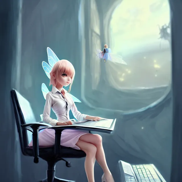 Prompt: epic professional digital art of a tiny fairy in a business shirt and skirt, sitting in an enormous chair at an enormous desk, best on artstation, cgsociety, wlop, Behance, pixiv, astonishing, impressive, outstanding, epic, cinematic, stunning, gorgeous, breathtaking fantasy art, masterpiece.