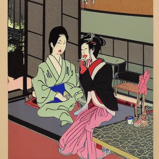 Image similar to Japanese beauty wrapped in a snake having tea with her husband by Toshio Saeki, high detailed