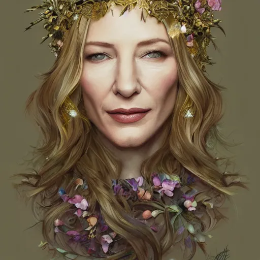 Image similar to Portrait of cate blanchett wearing a floral crown, olive skin, long dark hair, beautiful bone structure, shiny gold background, intricate, elegant, highly detailed, digital painting, artstation, concept art, smooth, sharp focus, illustration, art by artgerm and greg rutkowski and alphonse mucha