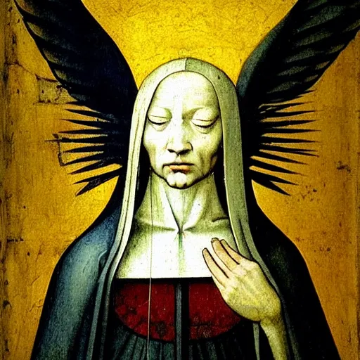 Image similar to realistic medieval painting portrait of white angel with clean narrow face like noface, 3 / 4, miracle light coming up from the head up and up, misty space, grace and blessing, sfumato effect by hieronymus bosch, by leonardo da vinci, renaissance, christianity, only white colors, white background