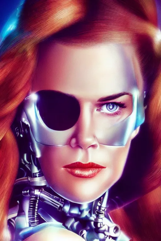 Image similar to mix of beautiful young maria shriver, mariel hemmingway, brooke shields, nicole kidman and elle macpherson as a cyborg terminator, thin lips, hair tied up in a pony tail, dark blonde hair, colorful, artstation, cgsociety