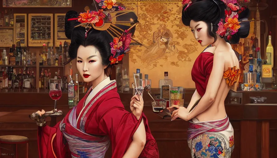 Image similar to evil geisha in a bar, perfectly-centered-Portrait of the most beautiful asian woman on the planet, insane, intricate, highly detailed, digital painting, artstation, concept art, smooth, sharp focus, illustration, Unreal Engine 5, 8K, art by artgerm and greg rutkowski and alphonse mucha