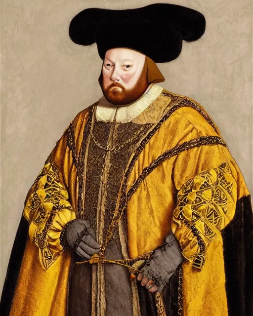 Image similar to fat dark gray cat with yellow eyes dressed like henry viii, tudor period robes in scarlet gold black, tudor bonnet, luxurious, opulent, regal, royal portrait, hans holbein the younger, greg rutkowski