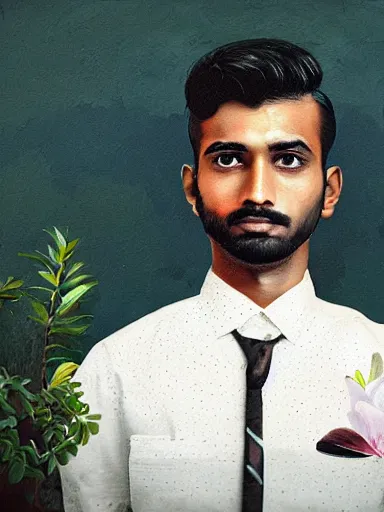 Prompt: artwork by Enjolras Delphin, of a solo individual portrait of an Indian guy with lilies, dapper, simple illustration, domestic, nostalgic, full of details, Matte painting, trending on artstation and unreal engine