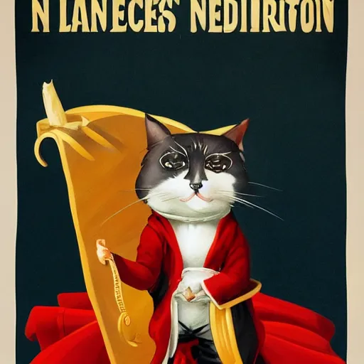 Image similar to a propaganda poster depicting a cat dressed as french emperor napoleon holding a piece of cheese, trending on artstation