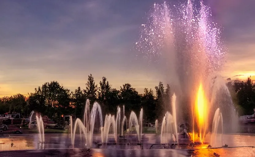 Prompt: a beautiful photo of a roundabout with a fountain shooting fire instead of water, sunset lighting, intricate detail, photorealistic