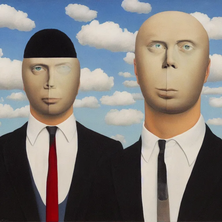 Image similar to portrait of a faceless chrome - head man in a suit, clouds in the background, by rene magritte, detailed painting, distance, centered, hd, hq, high resolution, high detail, 4 k, 8 k