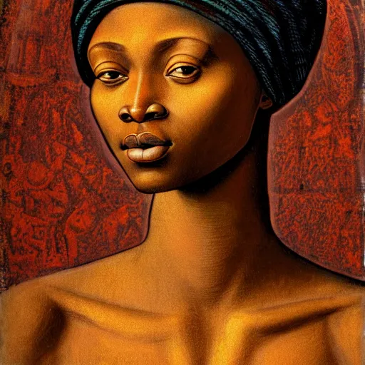 Prompt: fresco of an African woman, realistic, correct details, cosmic dynamic lighting, symmetrical face, accurate face, in the style of renaissance Michelangelo