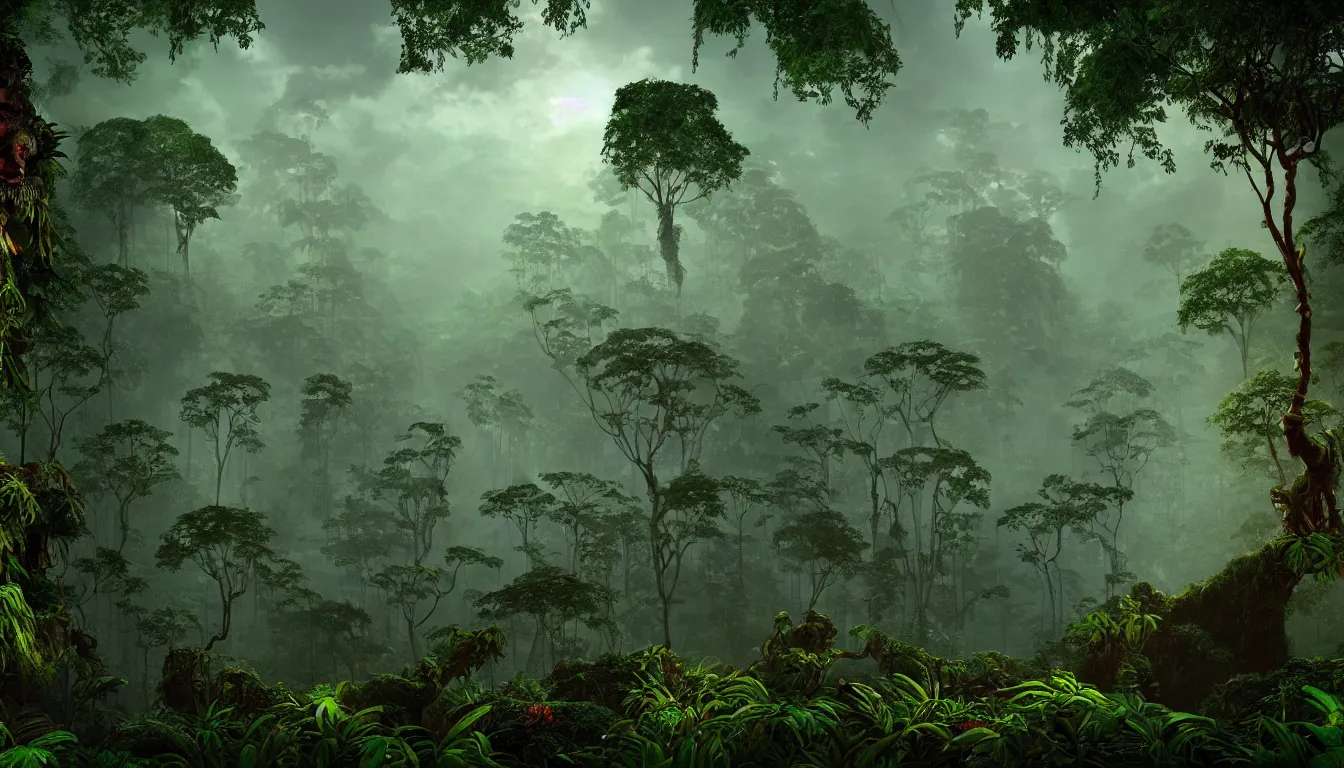 Prompt: deep mayan jungle forest realm biodiversity , side-scrolling 2d platformer game level, swirling clouds of magical mist through the trees, ancient temple gigantic statue heads in ruins in the background between the tree trunks, dramatic dusk sun illuminates areas, volumetric light , detailed entangled roots carpet the forest floor, rich color, upscale , 8k