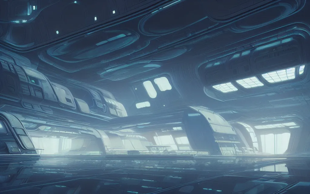 Image similar to A beautiful painting of interior hangar of a futuristic science fiction space station, intricate, highly detailed, digital painting, illustration, artgram, by beeple, studio ghibli, trending on artstation