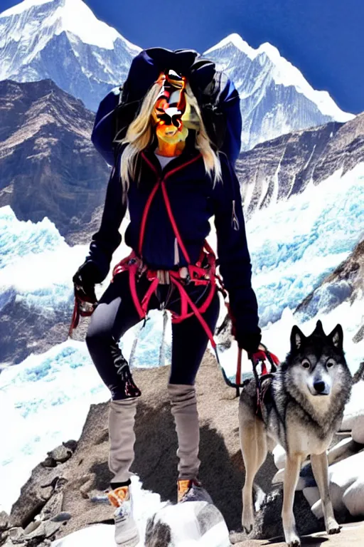 Prompt: kylie jenner mountain climbing on everest with wolves