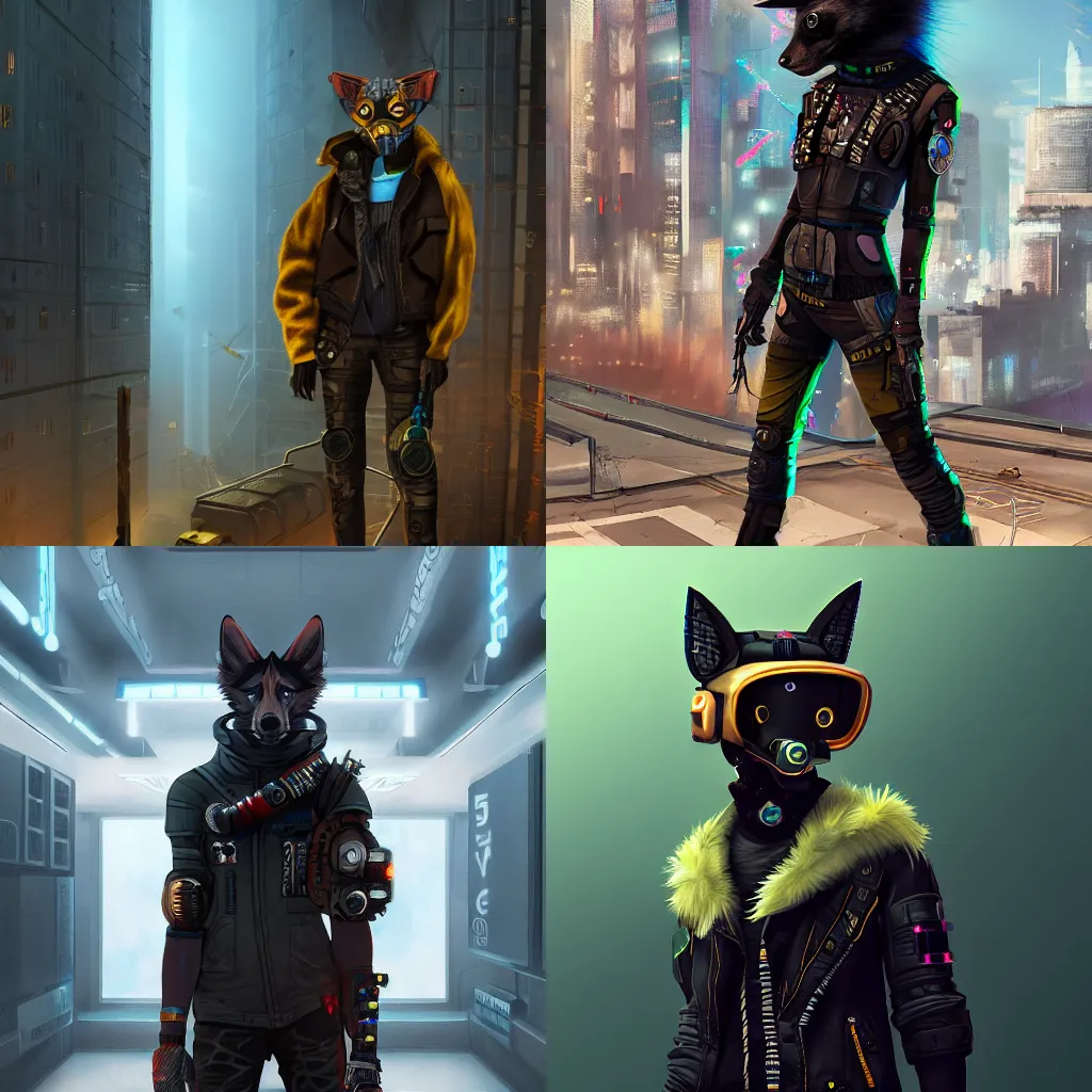 Prompt: a cyberpunk furry rebel in the future, golden ratio, symmetric matte painting, cinematic, trending on artstation, deviantart and cgsociety, 8k, high resolution