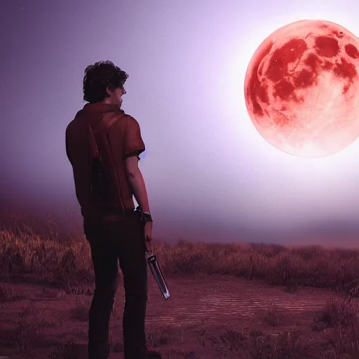 Prompt: gustavo cerati playing on the red moon, digital art, highly detailed, render unreal engine,