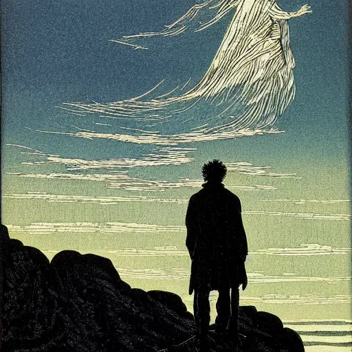 Prompt: Wanderer above the Sea by Caspar David Friedrich as a Linocut