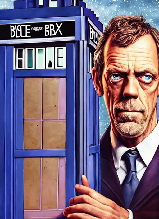 Image similar to portrait of hugh laurie standing next to the tardis from doctor who, portrait, pixar style, by tristan eaton stanley artgerm and tom bagshaw.