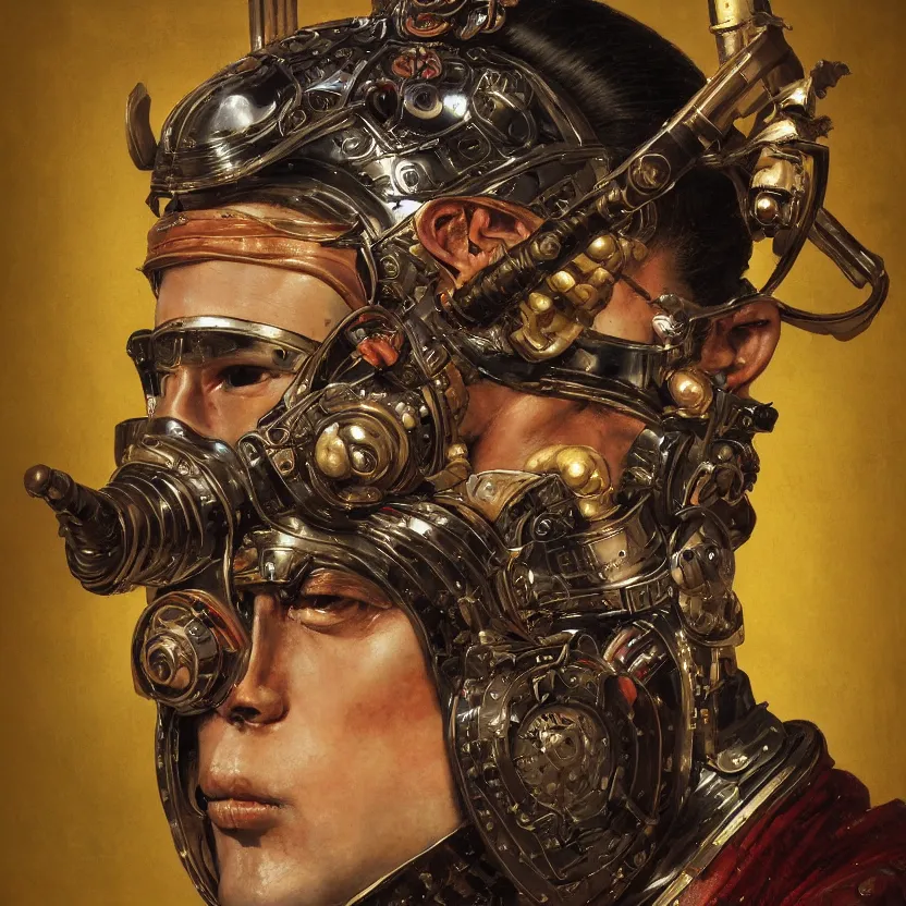 Prompt: baroque neoclassicist close - up portrait of a cyberpunk retrofuturistic japanese warrior wearing an oni mask. iridescent and reflective textures. highly detailed science fiction painting by norman rockwell, frank frazetta, and syd mead. rich colors, high contrast, gloomy atmosphere. trending on artstation and behance.