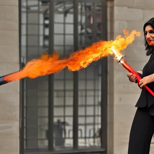 Image similar to Priti Patel Weilding A flamethrower, firing it into a building, medium shot photo 8k ultrahd