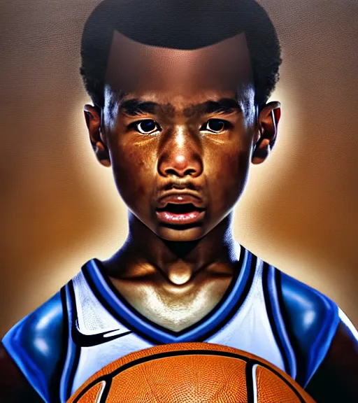 Prompt: portrait of a boy at a basketball court playing basketball wearing a basketball uniform in a basketball court standing near the basketball hoop, painted in 1776, intense emotion, detailed facial expression, detailed surroundings, intricate, elegant, highly detailed, centered, digital painting, artstation, concept art, smooth, sharp focus, illustration, WLOP