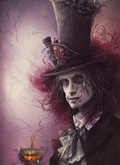 Image similar to Mad Hatter,highly detailed,cinematic,8k,by Stanley Artgermm,Tom Bagshaw,Greg Rutkowski,Carne Griffiths, Ayami Kojima, Beksinski, Giger,Anne Stokes, Benjamin Lacombe,trending on DeviantArt,hyper detailed,horror, full of colour