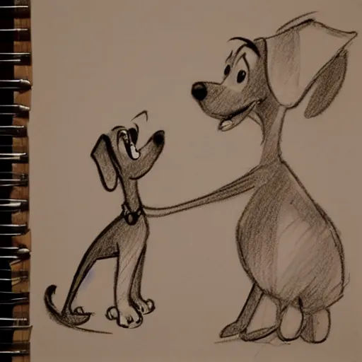 Prompt: milt kahl pencil sketch of happy mini schnauzer cartoon lady and the tramp style