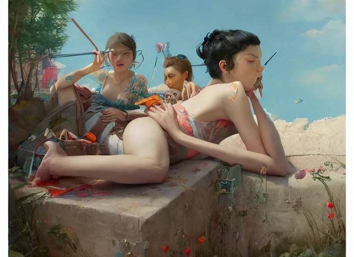 Prompt: beautiful fantasy painting of a chill day in summer, by Kenne Gregoire, James Jean, Tran Nguyen, WLOP, Jakub Rebelka. trending on Artstation, 8k, masterpiece, graffiti paint, fine detail, full of color, intricate detail, golden ratio illustration