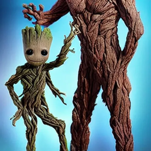 Image similar to adult Groot holding baby Groot,