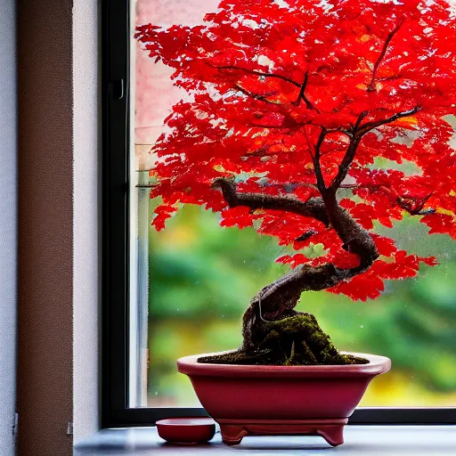 Image similar to photo of a red maple bonsai in a kitchen, next to a window, beautiful, high detail, cinematic,