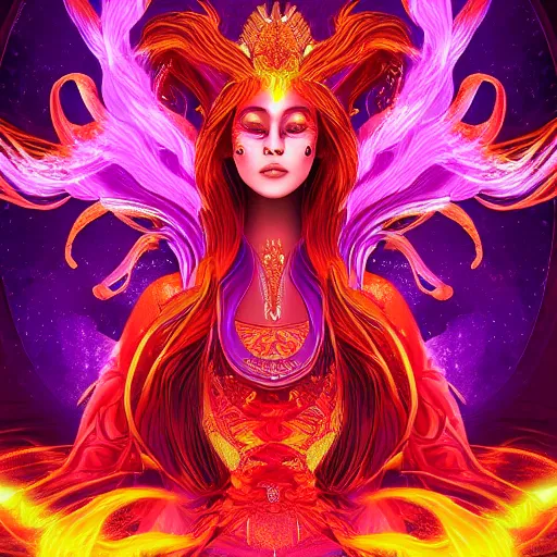 Prompt: Beautiful portrait of a glowing purple & red phoenix goddess, with flames and smoke in her hair, surrounded by orange flames, Major arcana card tarot card, extremely high detail, intricate details, 8k octane rendered, litmus reflective dramatic lighting anime vibes